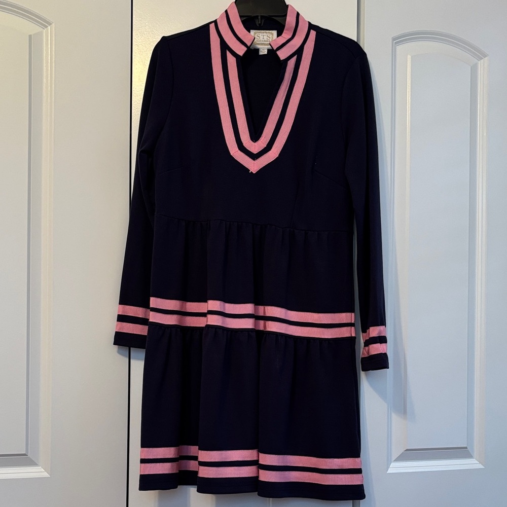 Sail to Sable tiered Dress in Navy Blue and Pink, medium